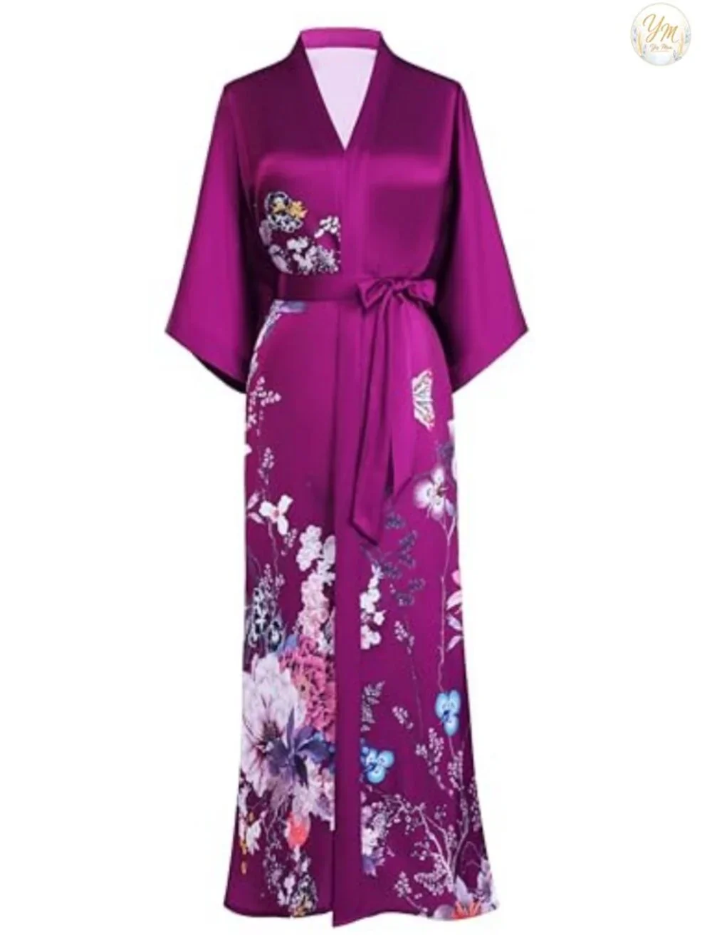 Women's Silky Satin Kimono Robe - Long Floral Sleepwear with Sash
